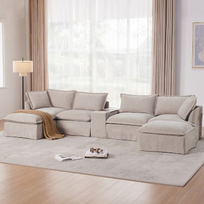 Whisen Modular Sectional Sofa with Movable Storage Ottoman and Console, Wide Seat, 6 Seat U Shaped Couch