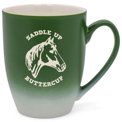 100 North Horse 10 Ounce Green and White Two Toned Ombre, Comfortably Fits Your Hands, Ceramic Tea Coffee Cup Mug, Saddle Up Buttercup
