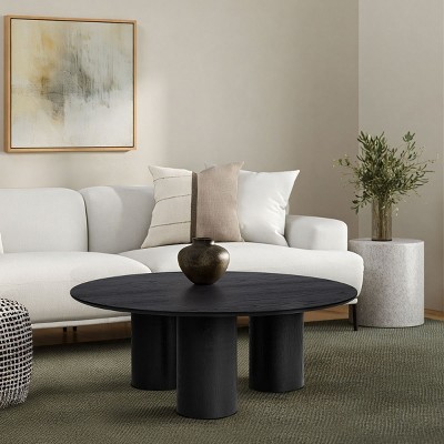 40" Mid Century Modern Round Wood Coffee Table With 3 Cylindrical Legs,Farmhouse Drum Cocktail Circle Center Wooden Table-Cuddlewood