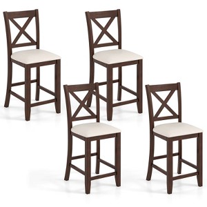 Costway Rubber Wooden Bar Stools Set of 2/4 with Footrest Comfortable Linen Cushion - 1 of 4