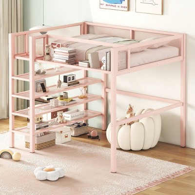 Whisen Morden Design Metal Loft Bed with 4-Tier Shelves and Storage