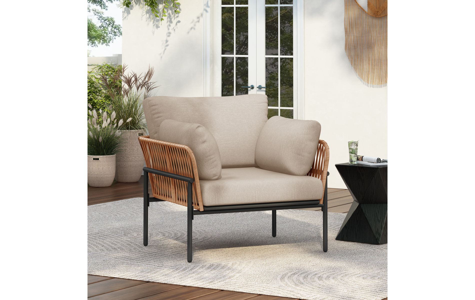 Modern Rattan Patio Lounge Chair with Cushions, 36'' Natural Weather-Resistant Outdoor Armchair for Balcony Garden-3irtyhousy