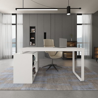 FUFU&GAGA White L Shape Rotatable Computer Desk with Shelves and Drawers