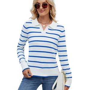 Garvee Women's Polo Sweater Striped Collared Lightweight Long Sleeve V Neck Pullover Fall Sweater Tops - 1 of 4