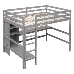 Full Size Loft Bed with Multifunction Shelves and Under-bed Desk, Gray - 1 of 4