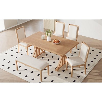 NicBex Dining Table Set for 6 Kitchen Table Wood Dining Table Set with Trestle Legs 4 Upholstered Dining Chairs and Bench for Dining Room