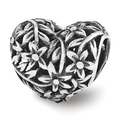Black Bow Jewelry Filigree Flower Heart Bead Charm in Antiqued Sterling Silver