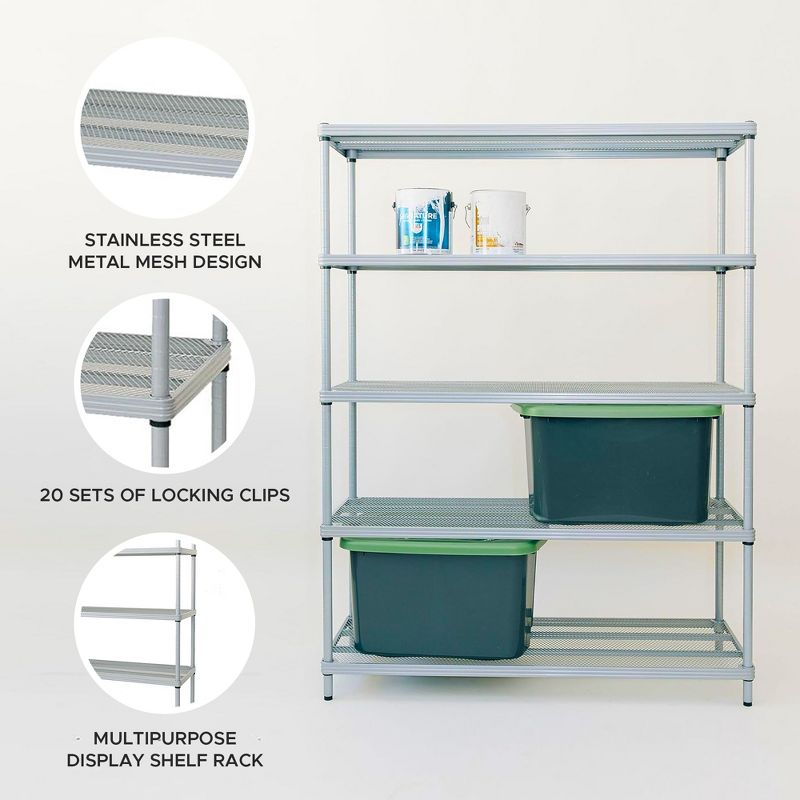 Design Ideas MeshWorks 5 Tier Full-Size Metal Storage Shelving Unit Rack for Kitchen, Office, and Garage Organization, 47.2” x 17.7” x 63,” Silver, 3 of 7