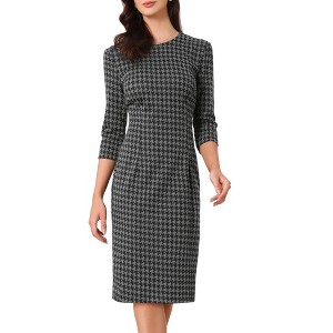 Allegra K Women's Houndstooth 3/4 Sleeve Elegant Cinched Waist Bodycon Dress - 1 of 4