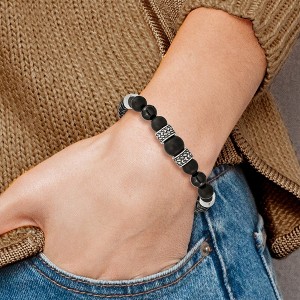 Chisel Stainless Steel Antiqued and Polished Black Agate Beads Black Leather 8.25" Bracelet - 1 of 4