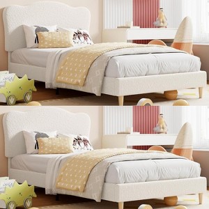Kids Single Bed with Plush Fleece Headboard, Low-Profile Frame with Wooden Slat Base and Soft Padded Headboard - 1 of 4