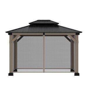Mondawe 10x12Ft. Outdoor Solid Wood Frame Patio Gazebo Galvanized Steel Hardtop with Netting - 1 of 4