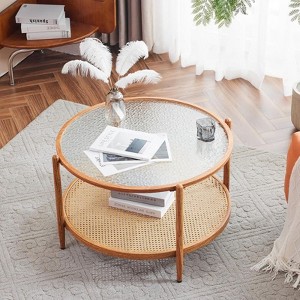 VINGLI Double-Layered Round Water Ripple Glass and PE Rattan Tabletop Matched with Heat Transfer Wood Grain Iron Frame Coffee Table - 1 of 4