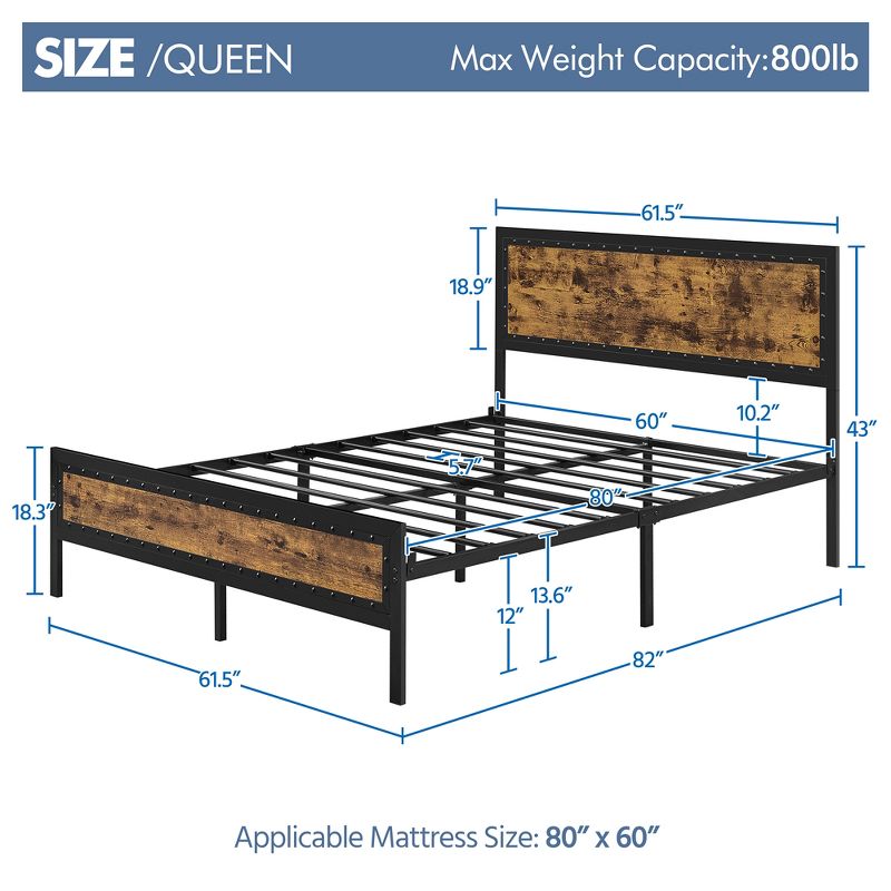 Yaheetech Industrial Metal Platform Bed with Wooden Headboard and Footboard, 3 of 7