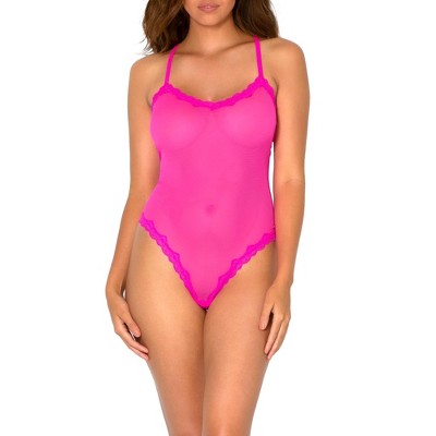 Hot Pink Lace With Hot Pink Trim VERY SHEER 1 Piece Bodysuit Size SMALL -   Canada