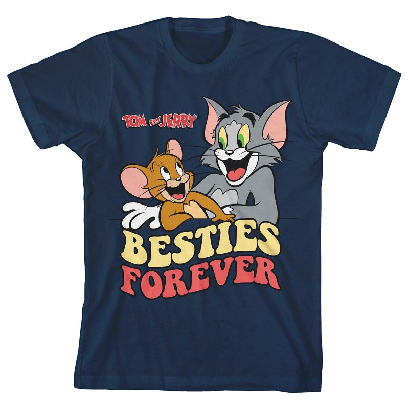 Tom & Jerry Besties Forever Retro Text Crew Neck Short Sleeve Navy Boy's T-shirt, 1 of 4