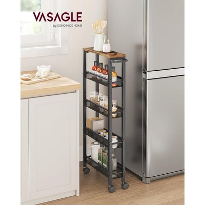 Slim Rustic Brown and Black Metal 5-Tier Rolling Kitchen Cart
