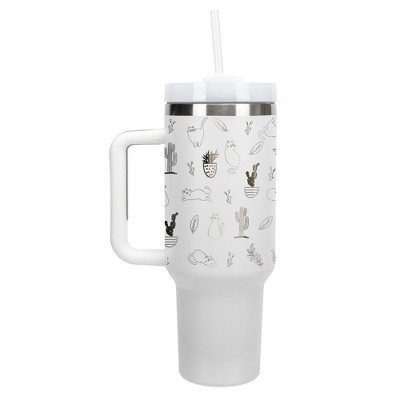 Elanze Designs Cactus Plant Desert Kitty Cat Lover 40 oz. Stainless Steel, Large Water Bottle Coffee Mug, Spill & Leak Resistant, Thermal Travel