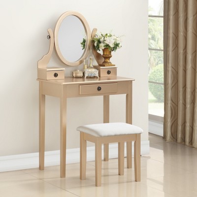 YONWAY Makeup Vanity Table and Stool Set with Adjustable Mirror and Three Storage Drawers for Bedroom,Ideal for Jewelry and Cosmetics Storage