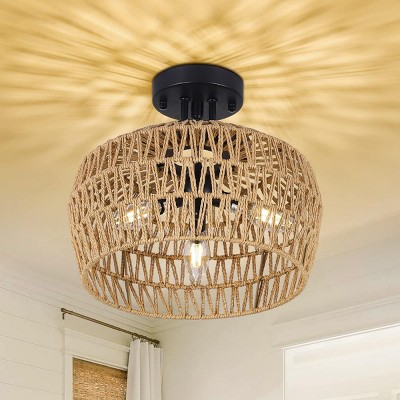 Semi Flush Mount Ceiling Light,Rattan Shade Pendant Light,3-Lights Boho Chandelier,Ceiling Light Fixture-The Pop Home