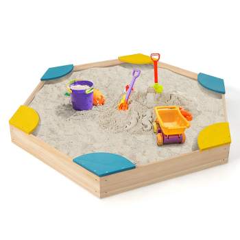 Costway Outdoor Wooden Sandbox with Seats Backyard Bottomless Sandpit for Kids Aged 3+