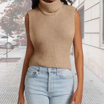 Women's Turtleneck Sleeveless Pullover Sweater Knit Tank Tops,Khaki - M