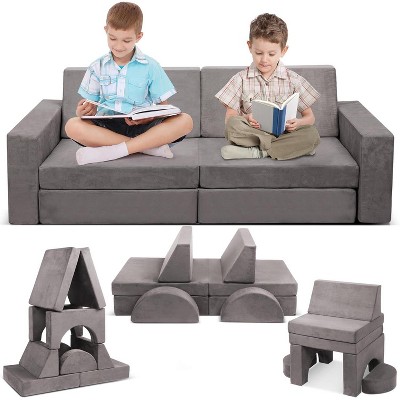 Acekool Modular Kids Play Couch, 8PCS Convertible Play Sofa with Suede Velvet Cover, Creative Foam Couch for Playroom, Bedroom，Gray