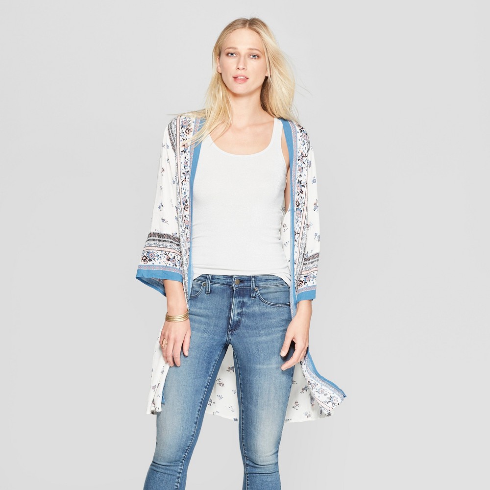 Women's Floral Print Long Sleeve Midi Kimono With Border Print - Xhilaration Cream M, Beige