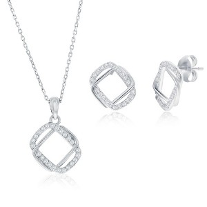 Bella Silver Sterling Silver, Intertwined CZ Necklace & Earrings Set - Silver - 16+2 Inch - 1 of 4