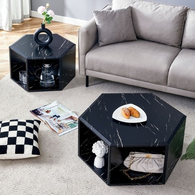 Kumasinova 25"/31.5" Hexagon Coffee Table,Multi-Functional End Table with Geometric Cutouts,Side Table with Storage,MDF Center Table for Living Room
