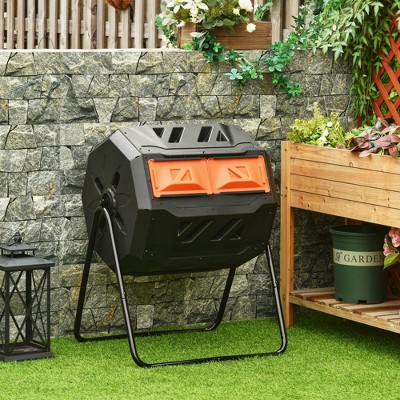 Orange Dual Chamber Rotating Outdoor Compost Bin, 43 Gallon