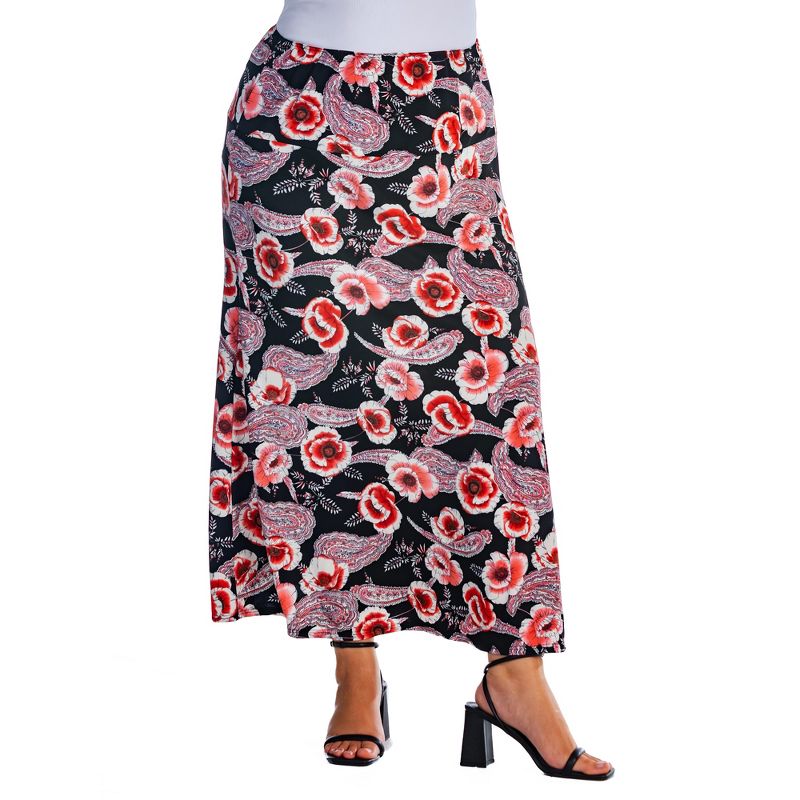 Womens Plus Size Black and Red Floral Maxi Skirt, 1 of 5