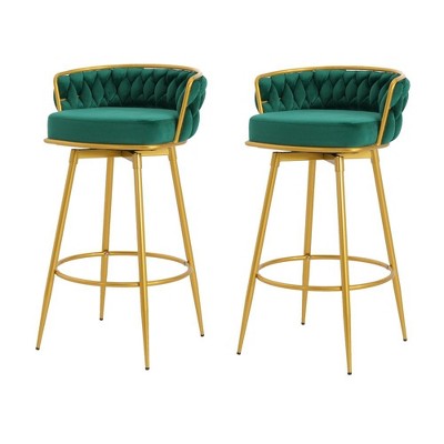 CAVINAS 31.5 inch Swivel Bar Stools Set of 2,180° Rotating Velvet Upholstered Bar Chairs with Hand-Woven Backrest & Footrest for Kitchen Island