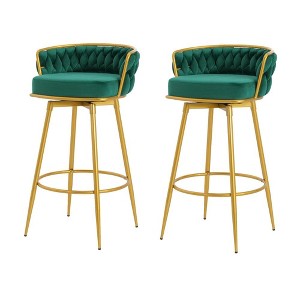 CAVINAS 31.5 inch Swivel Bar Stools Set of 2,180° Rotating Velvet Upholstered Bar Chairs with Hand-Woven Backrest & Footrest for Kitchen Island - 1 of 4