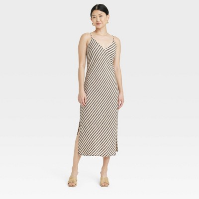 Women's Linen Slip Dress - A New Day™ Tan/Black Striped XL