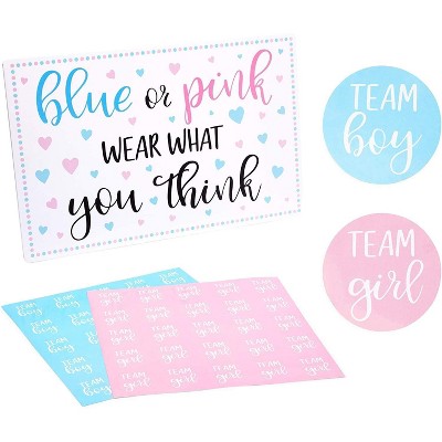 Sparkle and Bash 50 Gender Reveal Party Stickers & White Display Card, Team Boy & Team Girl Prediction Game Baby Shower