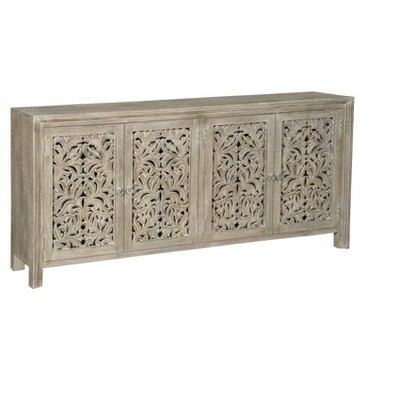 HomeRoots 78" Gray Distressed Solid Wood Carved Floral Sideboard with Four Doors