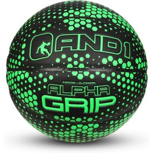 AND1 Alpha Grip Composite Leather Basketball, Official Size 7 (29.5”), Made for Indoor/Outdoor Streetball, Black/Green - Alpha Grip - 1 of 2