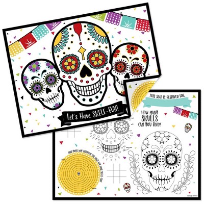 Big Dot of Happiness Day of The Dead - Paper Sugar Skull Party Coloring Sheets - Activity Placemats - Set of 16