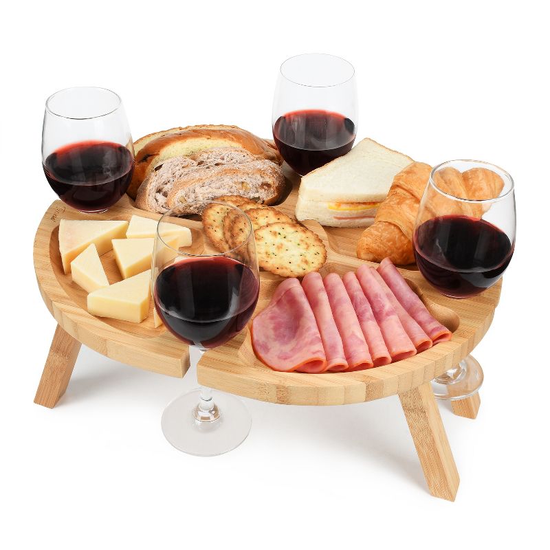 Tirrinia Portable Picnic Table with 4 Wine Glasses Holder, Functional Bamboo Snack Tray Table - Foldable for Picnic, Camping, Beach (15.7" x 12.5"), 1 of 8