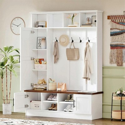 3-in-1 Hall Tree With 6 Hooks, Walnut Storage Bench, 55
