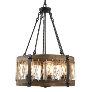 LNC Laius Drum Chandelier,  5-Light Matte Black and Brown Wood with or without Clear Glass Shades, Modern Farmhouse, 18-in, 19-in - 1 of 4