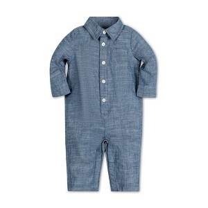 Hope & Henry Layette Baby Boy Long Sleeve Button Front Chambray Romper, Infant - 1 of 4