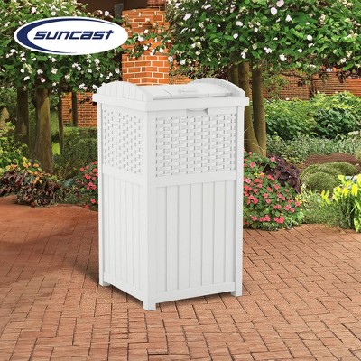 White Wicker Resin Outdoor Hideaway Trash Can Bin with Latching Lid, 33 Gallon, Set of 2