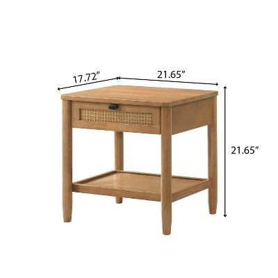 Light Walnut Rubberwood and MDF Nightstand with Woven Drawer
