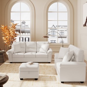 Faux Leather Sofa and Loveseat with Storage Ottoman Bench,Ultimate Comfort Couch for Living Room,Lounge Room-Morden Fort - 1 of 4