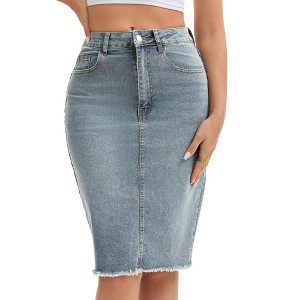 INSPIRE CHIC Women's Raw Hem High Waisted Pockets Stretch Knee Length Jean Denim Skirt - 1 of 4