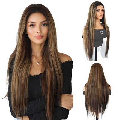 Jessie's Wig 30 Inch Straight Wig Synthetic Hair 13x3.5 Lace Wigs Brown Color With Honey Blonde Highlights 1 Pc/Pack