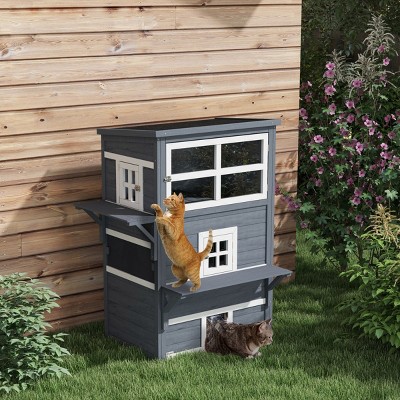 3 Story Outdoor Wooden Cat House with Asphalt Roof Raised Floor Escape Doors Jump Platforms,Feral Cat Shelter for Multiple Cats - LAOTIES
