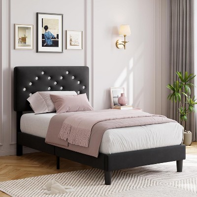 Velvet Bed Frame, Upholstered Platform Bed with Button Tufted Headboard & Under-Bed Storage Space, Sturdy Wooden Slats Support, No Box Spring Needed